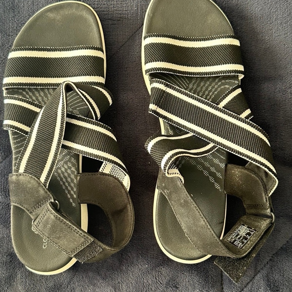 Clark’s Black and White Striped Sandals